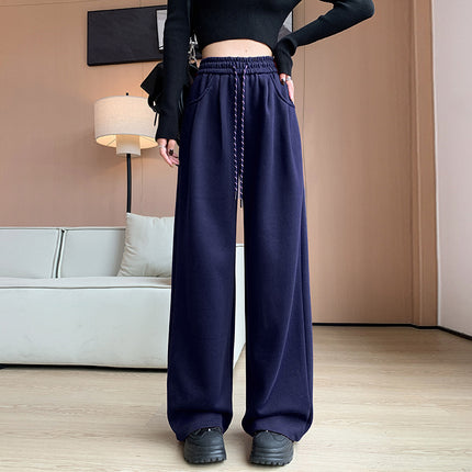 in stock Ancora Red Drawstring Sports Pants Autumn and Winter High Waist Casual Slimming Wide Leg Pants Women's Fleece-Led Pants