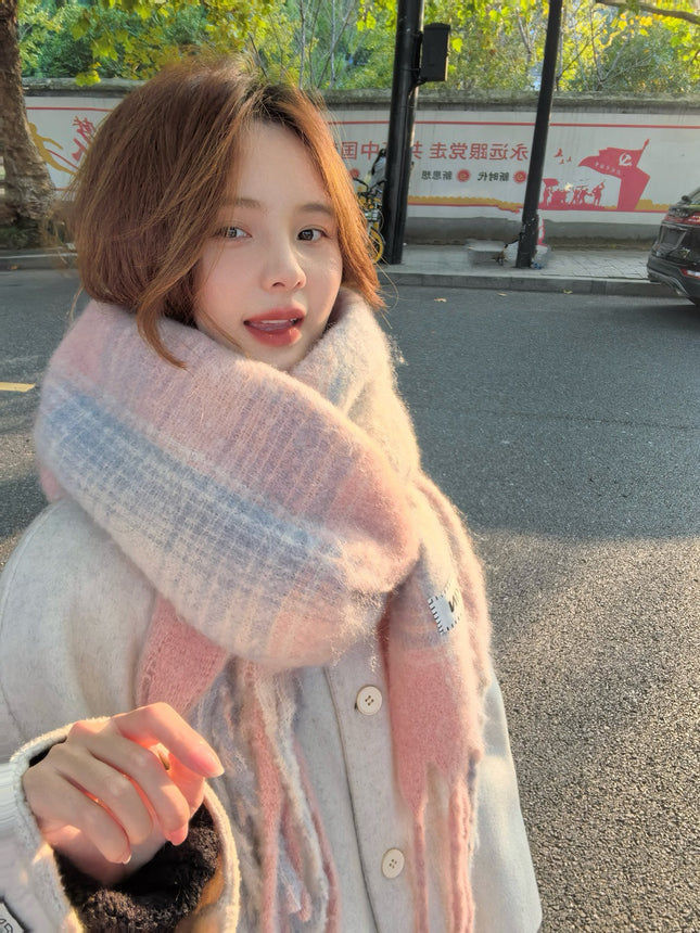 Factory new solid color haze blue scarf women's winter fluffy hair thickened students white students warm scarf
