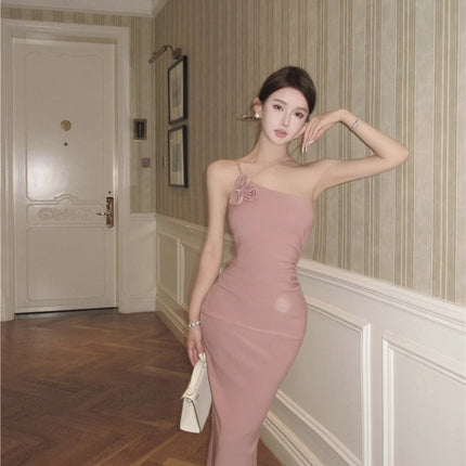 Pink Floral Halter Neck Strap Dress for Women, Summer Slim-Fit Backless Long Dress, Waist-Cinching, Figure-Flattering Bodycon Dress