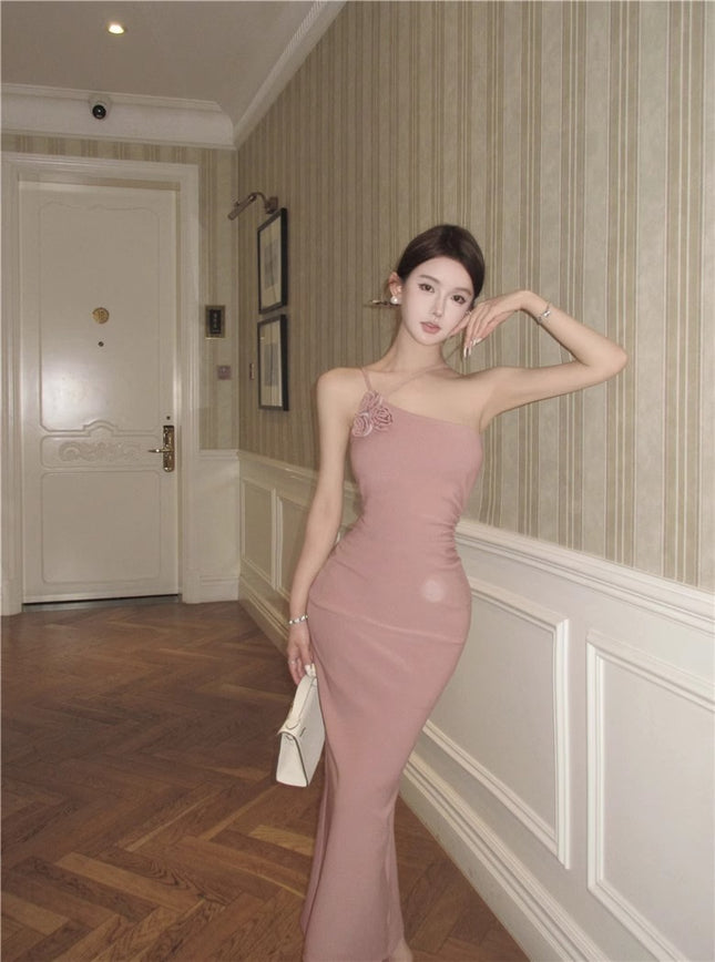Pink Floral Halter Neck Strap Dress for Women, Summer Slim-Fit Backless Long Dress, Waist-Cinching, Figure-Flattering Bodycon Dress
