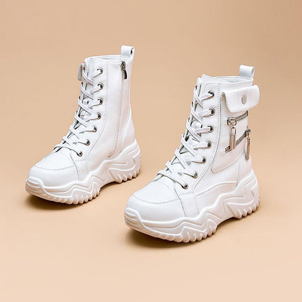 High-Top White Shoes 2025 Spring New Platform Thick-Soled Women's Shoes Versatile Leather Sports Shoes Fashionable Casual Short Boots