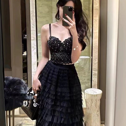Socialite Sexy bling Lace Tube Top Beaded Sling Short Off-the-Waist Vest Tousled Long Skirt Cake Skirt suit