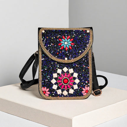 Red Lotus Women's Mobile Phone Bag Xinjiang Inner Mongolia Yunnan Travel Souvenir Retro Heavy Industry Rice Bead Shoulder Bag