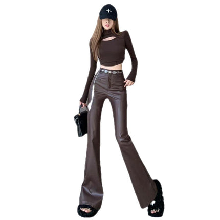 Cross-border Maillard wear retro pu leather pants women's autumn and winter new fashion chain high waist slimming casual pants