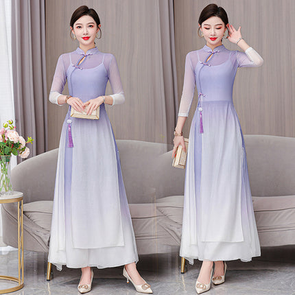 Classical dance gradient color cheongsam Chinese style dance body rhyme gauze clothing folk dance performance clothing practice clothing dress