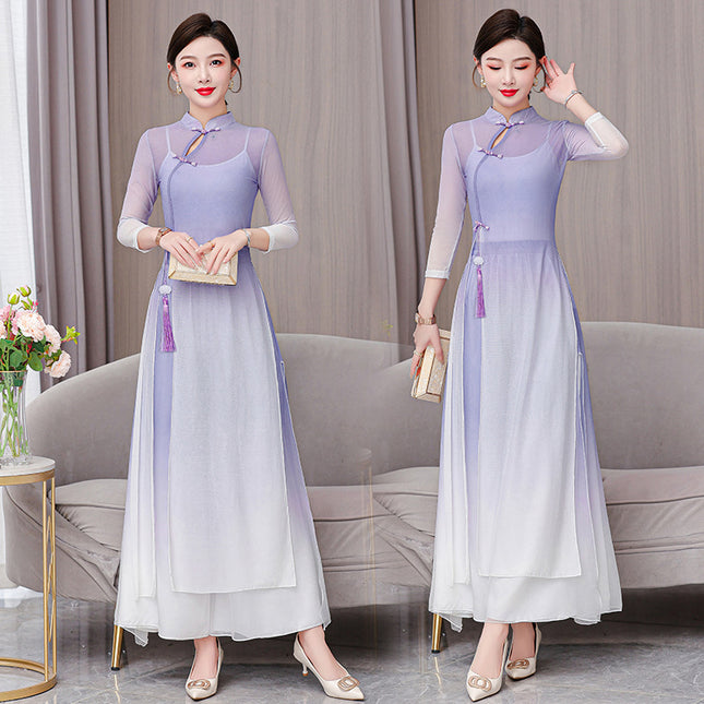 Classical dance gradient color cheongsam Chinese style dance body rhyme gauze clothing folk dance performance clothing practice clothing dress