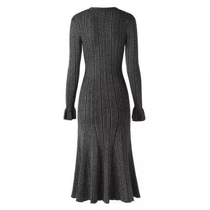 S2026 Spring and Autumn French Style New Women's Fashion European and American Socialite Fine Glitter Line V-Neck Single-Breasted Flared Sleeve Slim Dress