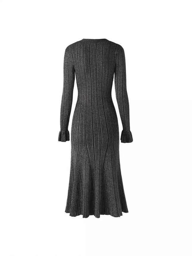 S2026 Spring and Autumn French Style New Women's Fashion European and American Socialite Fine Glitter Line V-Neck Single-Breasted Flared Sleeve Slim Dress