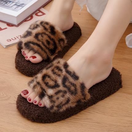 2025 Autumn and Winter Furry Slippers, Leopard Print, Retro Fashion, Home Lazy Soft Sole, Comfortable Home Slippers