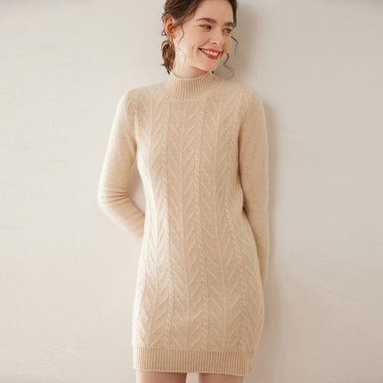Fashionable New Style Half-High Collar Cable-Knit Cashmere Dress for Women, Plus Size, Autumn and Winter New Mid-Length Sweater Dress