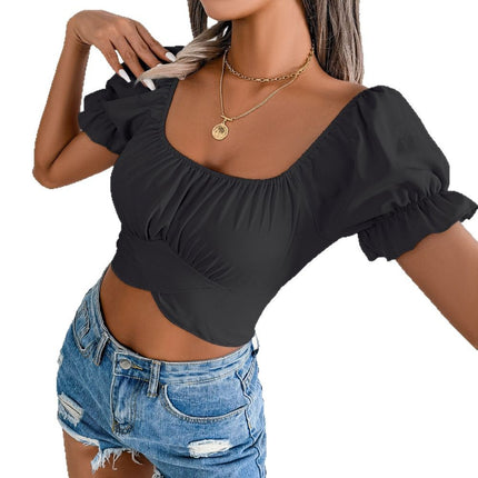 Ins Style Real Shot Spring and Summer Casual Short-Sleeved Lace-Up Waist Chiffon Shirt Crop Top Amazon Cross-Border Women's Clothing
