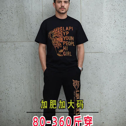 340kg fat plus size American tide brand hot drilling letters Leopard head personality short sleeve T-shirt pants pants suit