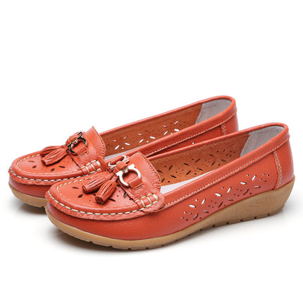 Summer Hollow New Leather Shoes for Middle-Aged and Elderly Mothers, Women's Single Shoes, Bean Shoes, Women's Soft-Soled Wedge-Heeled Clogs, Women's Shoes