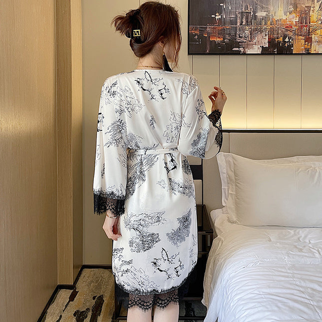 Three-Piece Suspender Shorts Set with Ink Painting Tulip Pattern Pajamas, Loose Satin Chiffon Sexy Nightgown Set