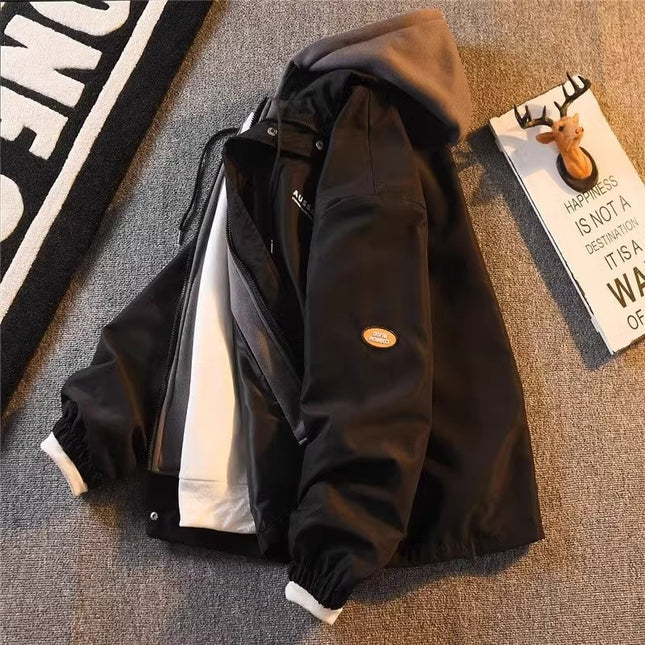 American Retro Fake Two-piece Hooded Jacket Men's Winter fleece-lined Thickened Warm Casual Jacket Home Figure# WT152