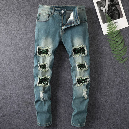 AM Cross-border European and American Foreign Trade New Men's Jeans Casual Slim-fit Small Foot Men's Ripped Pants All-match