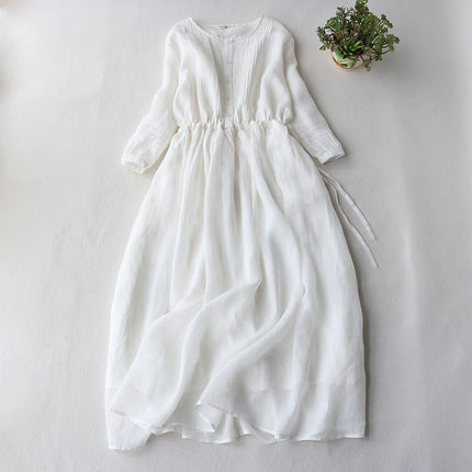 Vintage Cotton Linen Lace-up Waist Slimming Half-sleeve Dress Women's Round Neck Elegant Organ Pleated Elegant Fairy Skirt