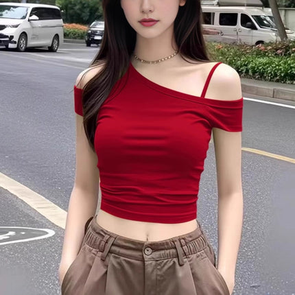 New Style Pure Desire Short Crop Top for Hot Girls, One-Shoulder Black Asymmetrical Neckline, Unique and Chic Small Top, Women's Summer Short-Sleeve T-Shirt