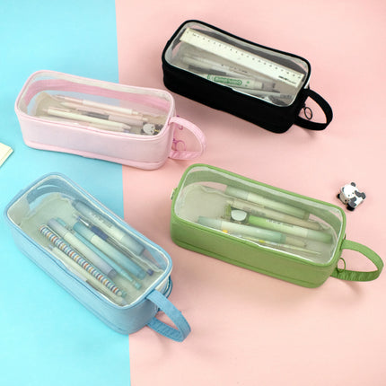 Double-layer Transparent Mesh Pencil Case Simple Multi-layer Portable Pencil Case Large Capacity Student Examination Stationery Storage Bag