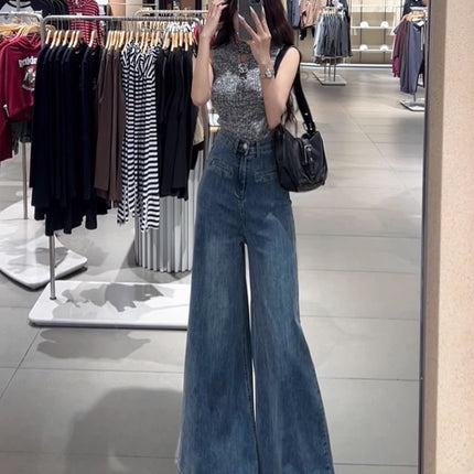 Blue High Waist Wide Leg Jeans Women's Loose Slimming Hong Kong Style Retro Mop Pants Korean Style Elegant Straight Leg Wide Leg Pants