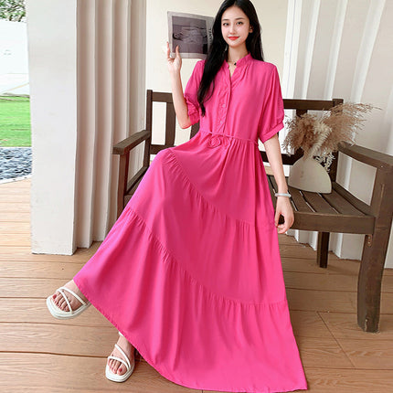 Cross-border chubby girl Super plus size Women's Dress Southeast Asian Short-sleeved Cotton Silk Large Swing Dress Mid-sleeved Beach Dress