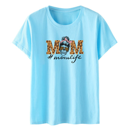 Amazon momlife Skull Leopard Print Sunglasses Mother's Day Gift Letter Print Casual Short Sleeve T-Shirt Women