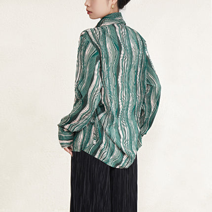 French Retro Green Long-sleeved Shirt Women's 2025 Pleated New Design Sense Shirt Niche No-bump Top