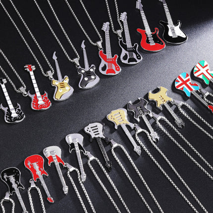 New Guitar Pendant Necklace for Men, Colorful Oil-Drip Alloy Instrument Stainless Steel Pendant DIY Jewelry Accessories for Women