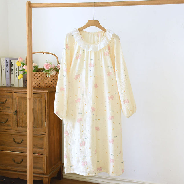 Women's Cotton Crepe Long Sleeve Lace Crewneck Nightdress Spring and Autumn Princess Style Seersucker Pajamas Outer Wear Home Dress