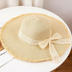 Large brim raffia edge 4cm lace-beige / M（56-58cm）