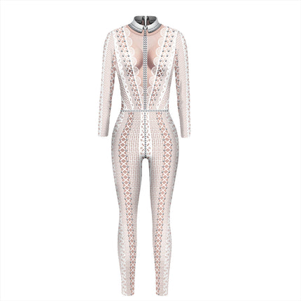 Cross-border popular skeleton ghost clothing 3D digital printing Halloween cosplay play clothing women's tight jumpsuit