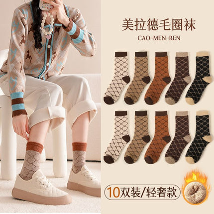 Grassman Socks Women's Pure Cotton Autumn and Winter fleece-lined Thickened Mid-tube Socks Light Luxury Fashion All-match Winter Warm Towel Socks