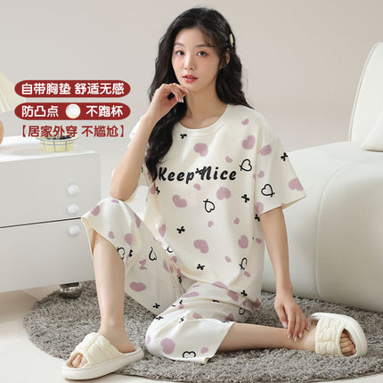 Pajamas Women's Summer Short-sleeved Knitted Cotton Wear-free Bra with Chest Pad Can be Wearing Outer-wear Anti-sudden Sleeping Beauty-making Home Wear Casual Wear