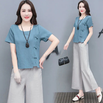 2022 Imitation Cotton and Linen Set Women's New Summer Artistic Retro Casual Fashion Western Style Linen Wide Leg Pants Set Trendy