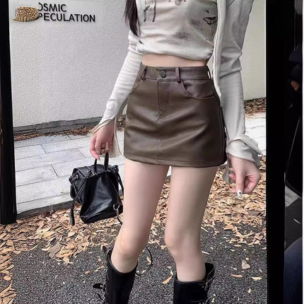 Black Versatile High Waist PU Leather Pants Women's 2024 Autumn New Slimming High-end Light Luxury Short Skirt Skirt Outer Wear