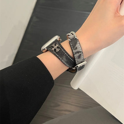 Denim Crocore Double Ring Genuine Leather Thin Strap for Apple Watch iwatchS987654SE Women Ultra