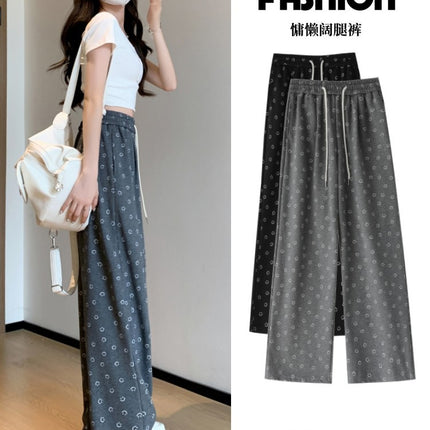 Grey Smiley Print Straight Leg Wide Leg Pants Women's Spring and Autumn New High Waist Dumping Sports Pants Loose Slimming Casual