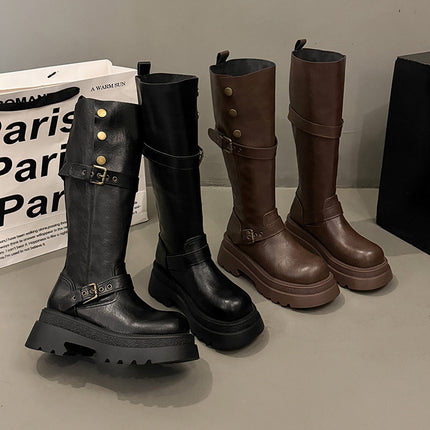 Melard Thick-Soled Soft Leather Long Boots for Women 2025 New Style Chunky Heel Height-Increasing Slimming Fashion Boots for Petite Women