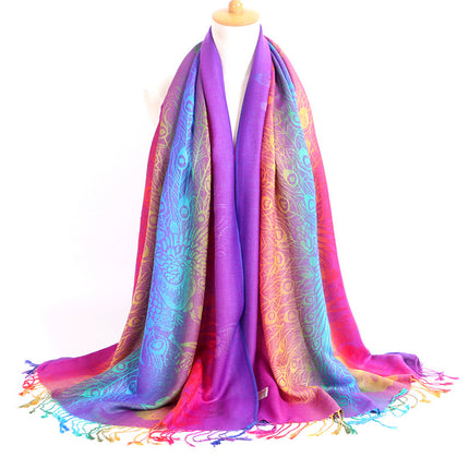 Ethnic Style Women's Vintage Jacquard Scarf Jacquard Cotton Feather Travel Spring and Autumn Long Shawl Warm Air Conditioning D01