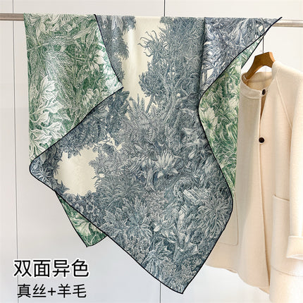 High-End Botanical Garden Double-Sided Heterochromatic Silk Wool Large Square Scarf Autumn and Winter Fashionable Warm Scarf Shawl for Women
