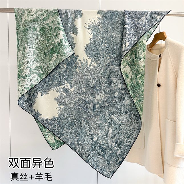 High-End Botanical Garden Double-Sided Heterochromatic Silk Wool Large Square Scarf Autumn and Winter Fashionable Warm Scarf Shawl for Women