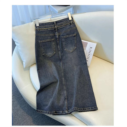 2025 Spring and Summer New Retro Slit Denim Skirt Pear-Shaped Figure High Waist Covering Flesh and Slimming Look A-Line Hip Skirt