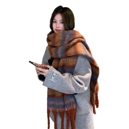 Loop Yarn Scarf Autumn and Winter New Thickeneded Men's and Women's Imitation Cashmere Tassel Thick Pigtail Dog Tail Stripesd Color Scarf