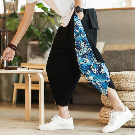 Beach Floral Shorts Men Summer Thin Thai Carrot Pants Chinese Style Loose Casual Cropped Printed Pants Trendy