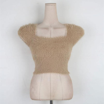 South Korea's Dongdaemun New Style Furry Comfortable Short-Sleeved Square Collar Slim Short Style Figure-Flattering Versatile Knitwear T-Shirt for Women