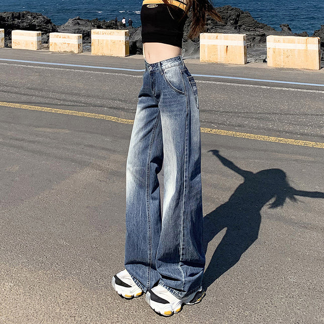 Vintage Blue Narrow Wide-Leg Jeans for Women 2025 Summer New High-Waisted Loose Slimming Draped Straight-Leg Floor-Length Pants