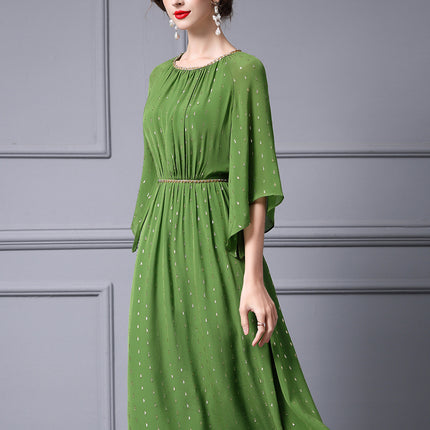 Zhili Green Mature Feminine Style Waist-Cinching Dress with Beading and Flared Sleeves, New for Spring 2026