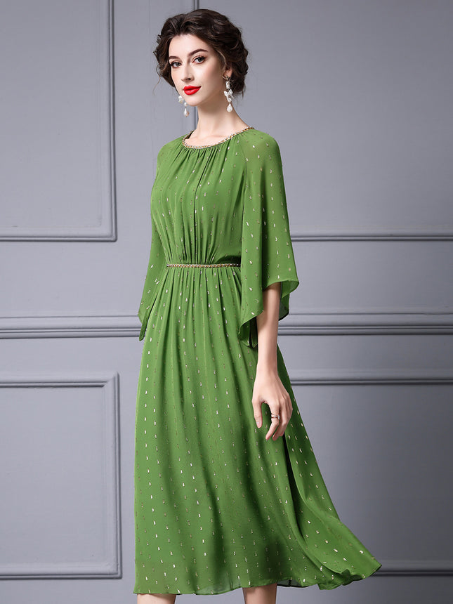 Zhili Green Mature Feminine Style Waist-Cinching Dress with Beading and Flared Sleeves, New for Spring 2026