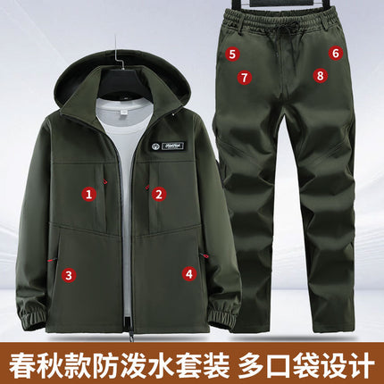 Spring and Autumn Jacket Suit Men's Waterproof Work Clothes Work Clothes Labor Protection Clothing Windproof Camouflage Clothing Hooded Training Clothing Outdoor
