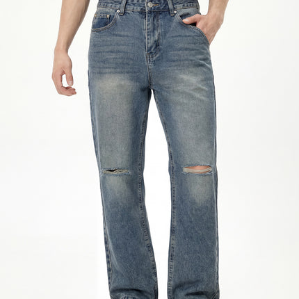 Rdt Men's Clothing | Distressed Washed Destroyed American Knife-Cut Wide-Leg Cleanfit Bootcut Jeans Heavy Wash